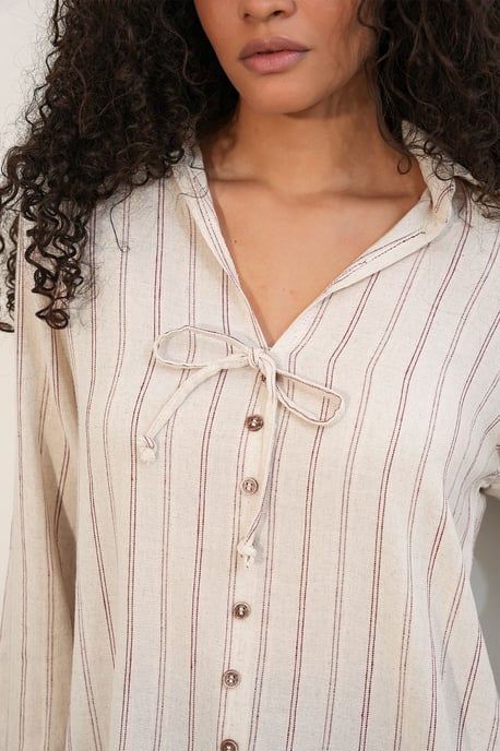 Gestreepte Linnenmix Shirt Met Strikdetail - Image 4