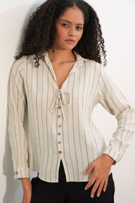 Gestreepte Linnenmix Shirt met Strikdetail - Image 1