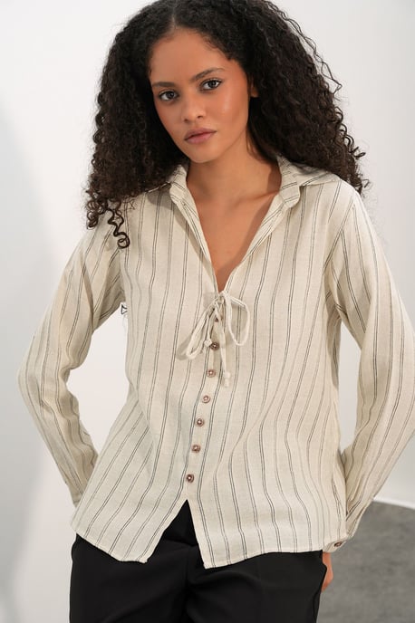 Gestreepte Linnenmix Shirt met Strikdetail - Image 3
