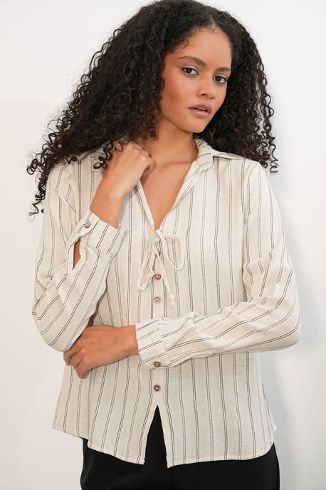 Gestreepte Linnenmix Shirt met Strikdetail - Image 4