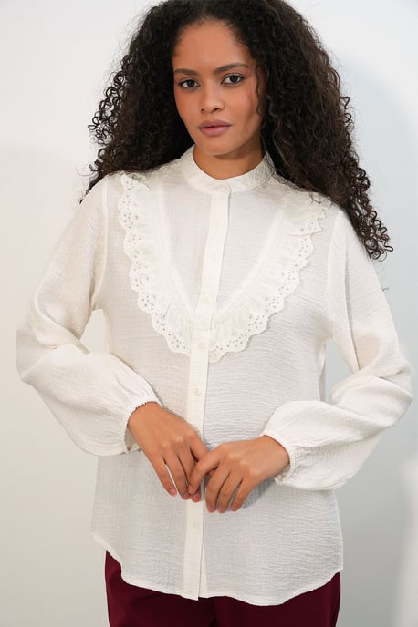 Long Woven Shirt With Mandarin Collar - Image 1