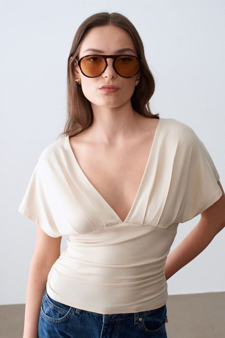 Slim Fit V-ringad Blus med Knytband - Image 3
