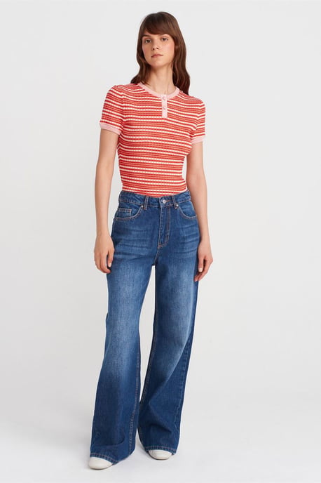 Randig Ribbad Knapp-front Blus - Image 4