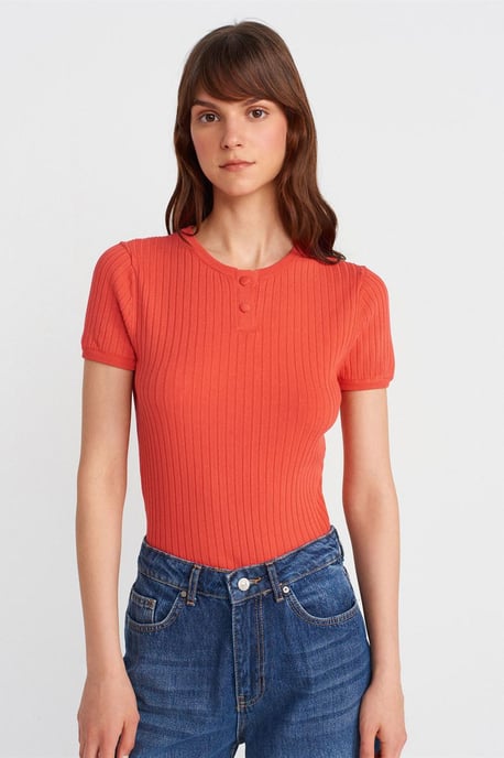Ribbed Short-Sleeve Button Blouse - Image 1