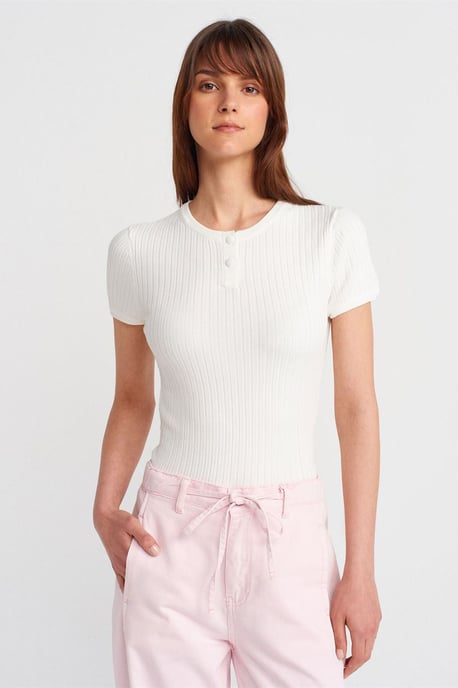 Ribbed Short-Sleeve Button Blouse - Image 1