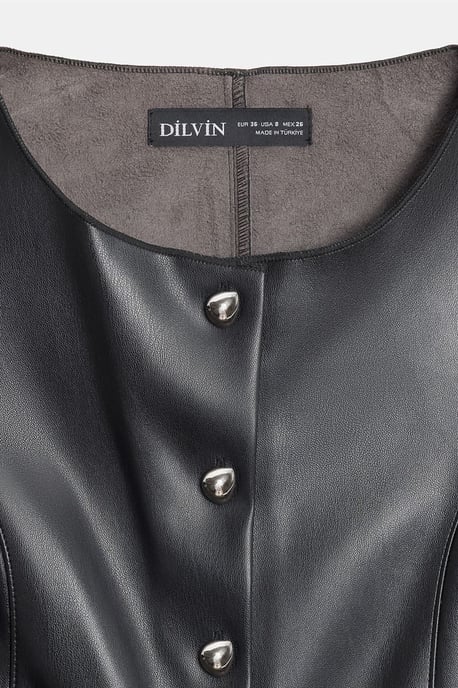 Fitted Faux Leather Button Waistcoat - Image 5