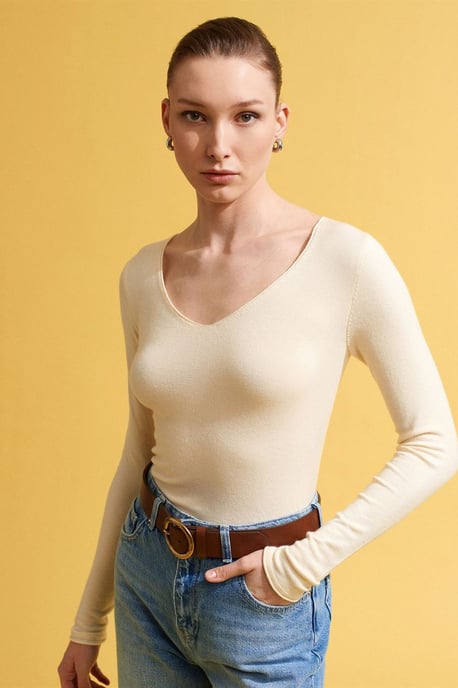 Slim Fit V-hals Geribbeld Brei Sweater - Image 2