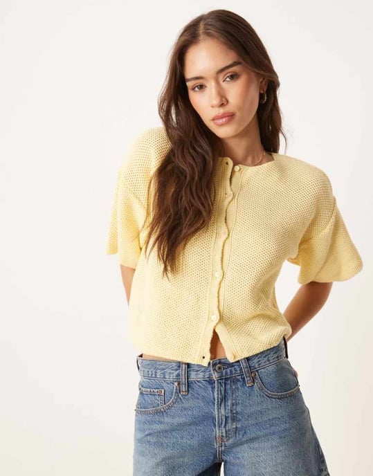ASOS DESIGN knitted short sleeve cardigan in buttermilk - Image 1