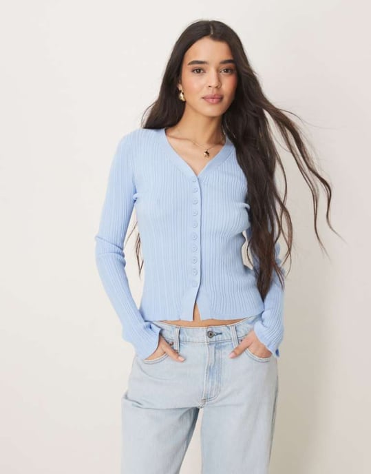 ASOS DESIGN button front v neck cardigan with frill in rib in light blue - Image 1