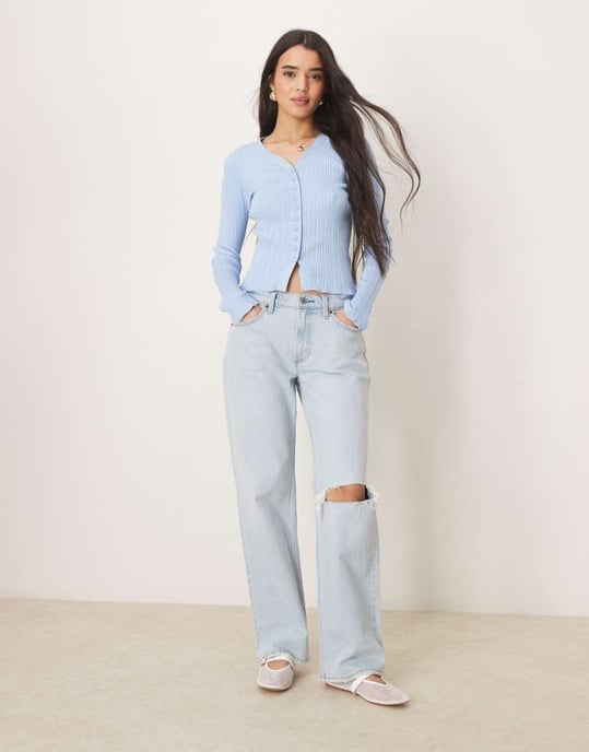 ASOS DESIGN button front v neck cardigan with frill in rib in light blue - Image 2