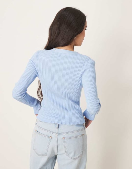 ASOS DESIGN button front v neck cardigan with frill in rib in light blue - Image 4