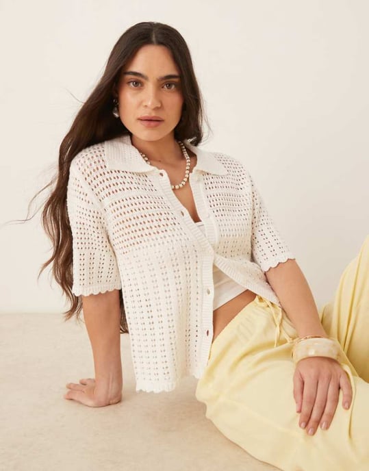 JDY open knit polo cardigan in white - Image 1