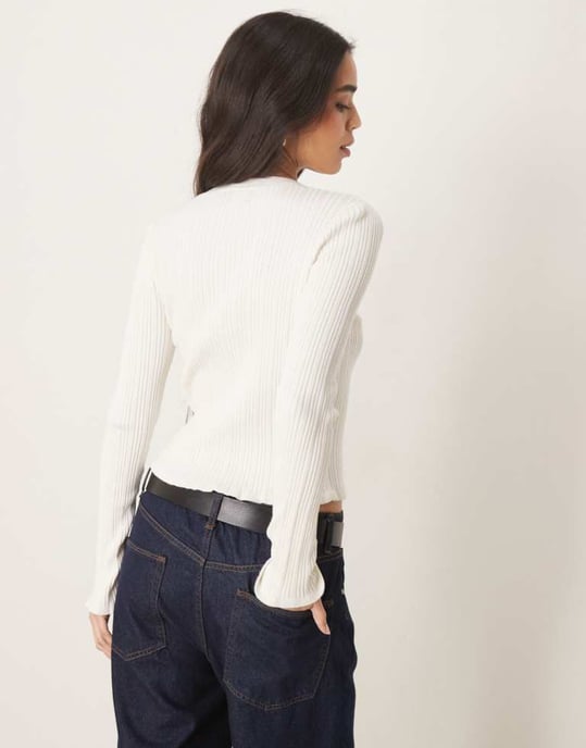 ASOS DESIGN button front v neck cardigan with frill in rib in cream - Image 4