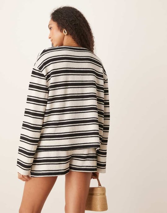 ASOS DESIGN long sleeve textured stripe cardigan co-ord in black and white - Image 3