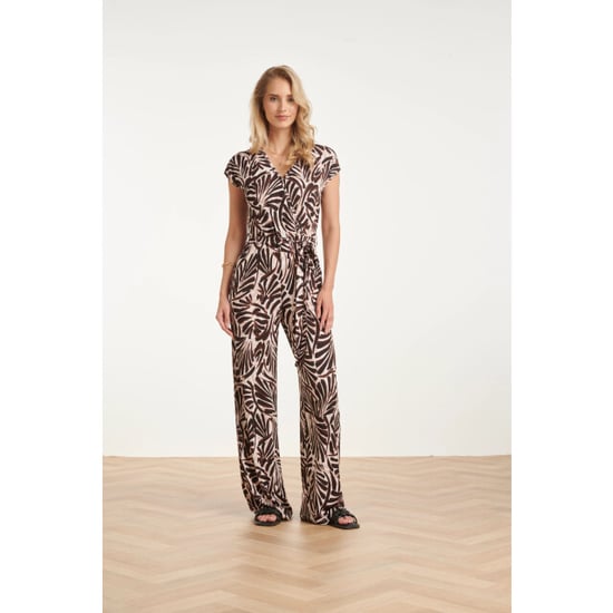 Smashed Lemon Stijlvolle stretch jumpsuit met palmprint in bruin en beige | - Image 3