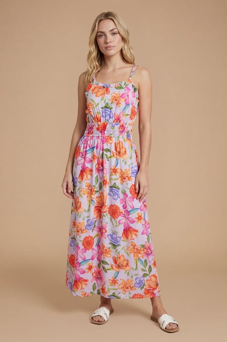 Purple Floral Twist Strap Detail Printed Midi Dress - Image 4