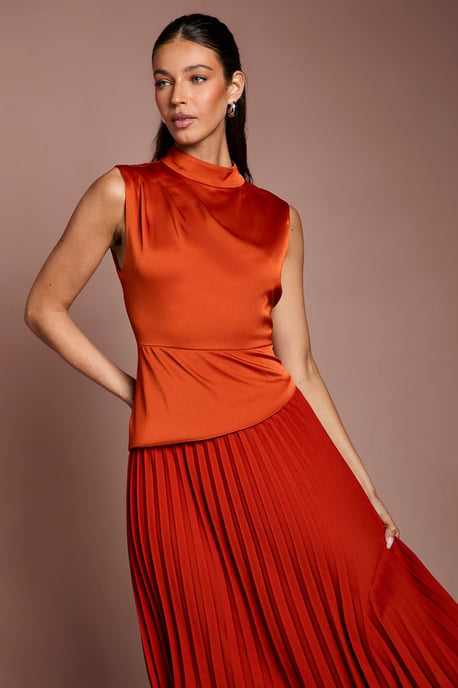 Drape High Neck Pleated Skirt Midi Dress - Image 2