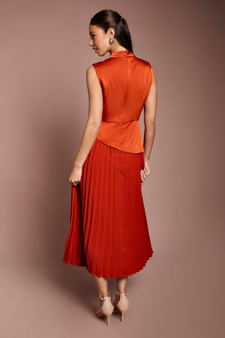 Drape High Neck Pleated Skirt Midi Dress - Image 3