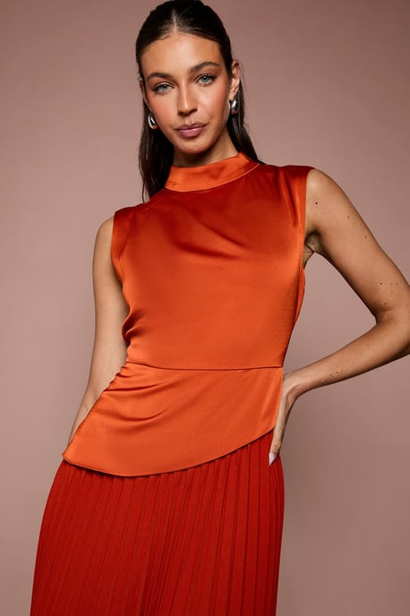 Drape High Neck Pleated Skirt Midi Dress - Image 4