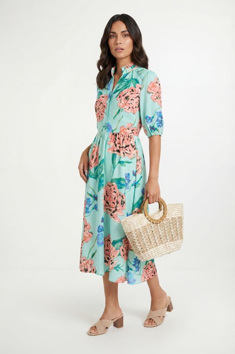Floral Puff Sleeve Pintuck Midi Dress - Image 1