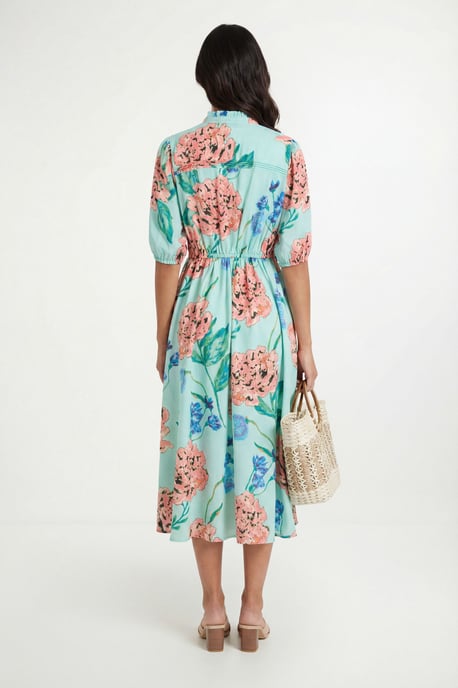 Floral Puff Sleeve Pintuck Midi Dress - Image 2