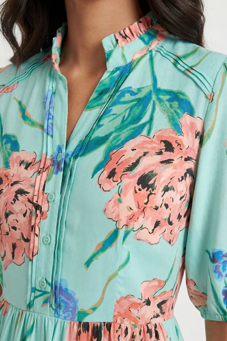 Floral Puff Sleeve Pintuck Midi Dress - Image 3