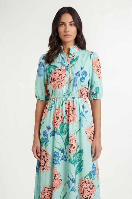Floral Puff Sleeve Pintuck Midi Dress - Image 4