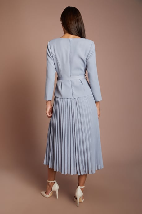 Crepe Bodice Long Sleeve Pleated Midi Dress - Image 3