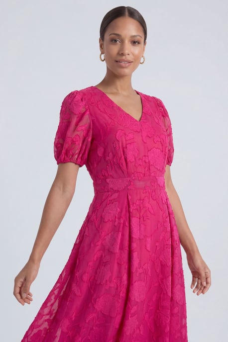Floral Jacquard Puff Sleeve Midi Dress - Image 2