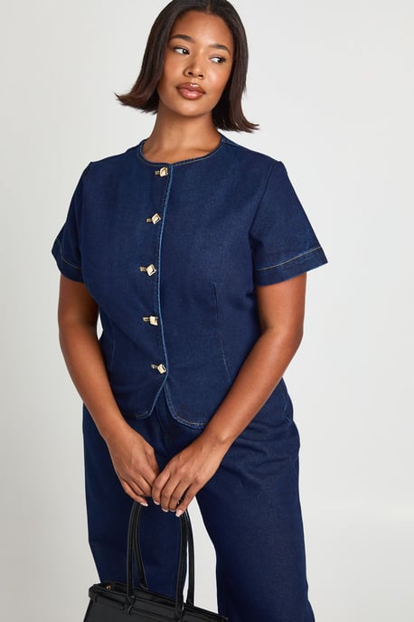 Plus Gold Button Short Sleeve Denim Top - Image 1