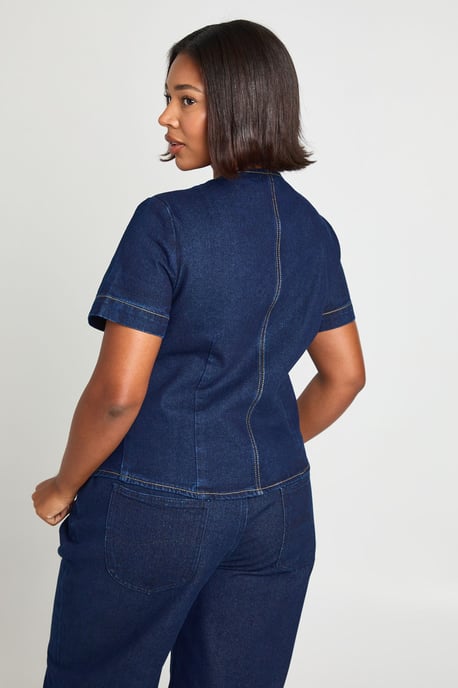 Plus Gold Button Short Sleeve Denim Top - Image 2