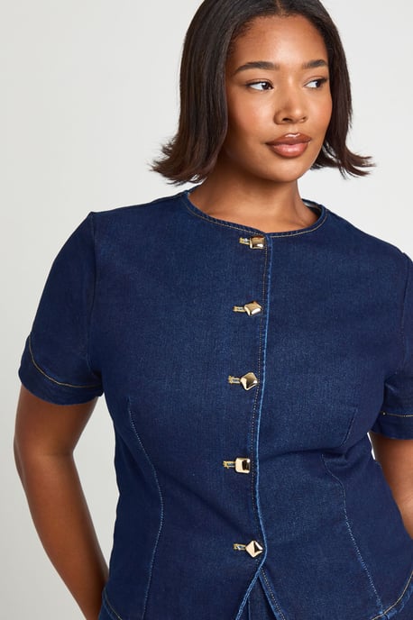 Plus Gold Button Short Sleeve Denim Top - Image 4