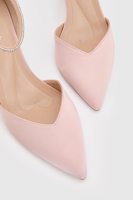 Sicily Satin Diamante Ankle Strap Comfort Sock Pointed Court Shoes - Image 5