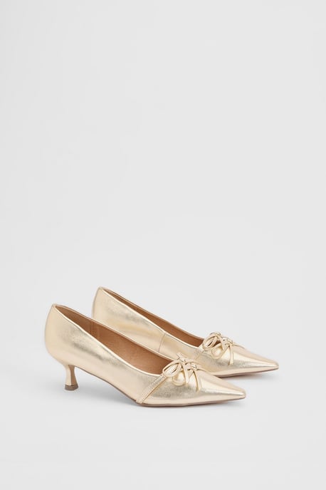 Rita Faux Metallic Leather Double Bow Mary Jane Kitten Heel Court Shoes - Image 3