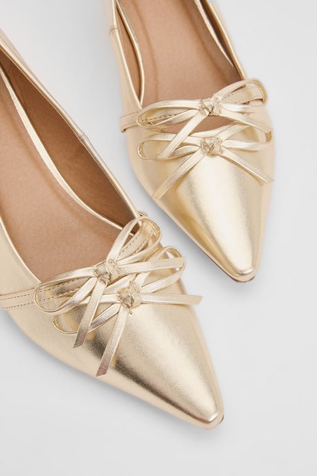 Rita Faux Metallic Leather Double Bow Mary Jane Kitten Heel Court Shoes - Image 5