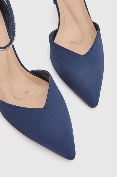 Sicily Satin Diamante Ankle Strap Comfort Sock Pointed Court Shoes - Image 3