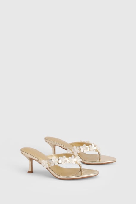 Metallic Flower Embellished Toe Post Heeled Mules - Image 3
