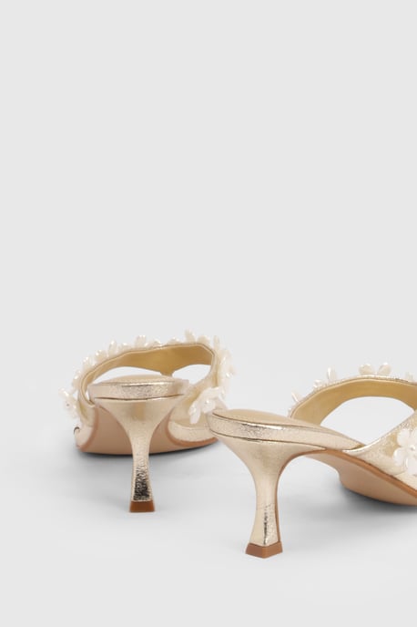 Metallic Flower Embellished Toe Post Heeled Mules - Image 4