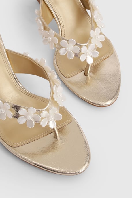 Metallic Flower Embellished Toe Post Heeled Mules - Image 5