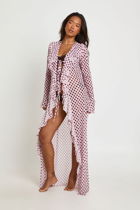Polka Dot Ruffle Detail Mesh Maxi Beach Kimono - Image 1