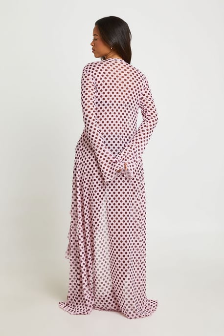 Polka Dot Ruffle Detail Mesh Maxi Beach Kimono - Image 2