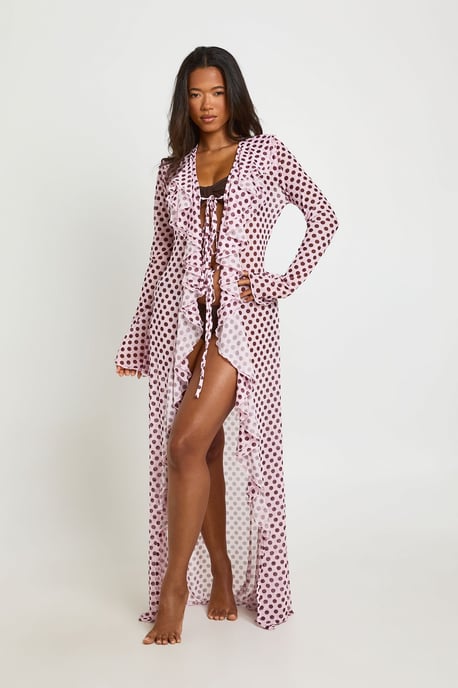 Polka Dot Ruffle Detail Mesh Maxi Beach Kimono - Image 3