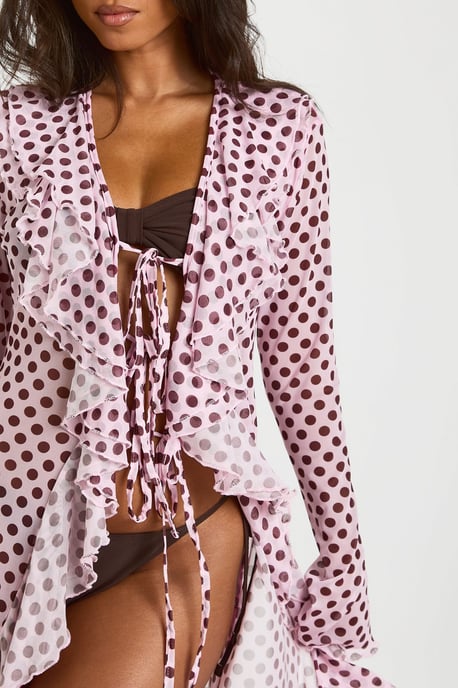 Polka Dot Ruffle Detail Mesh Maxi Beach Kimono - Image 4