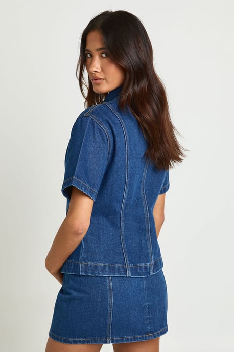 Concealed Placket Cinched Denim Shirt - Image 2