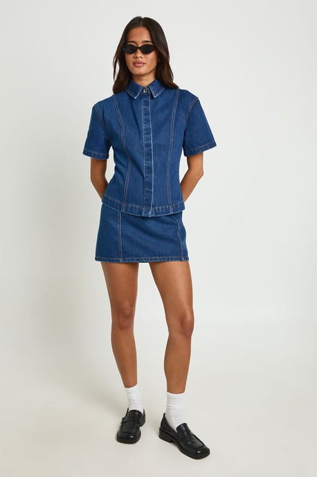 Concealed Placket Cinched Denim Shirt - Image 3
