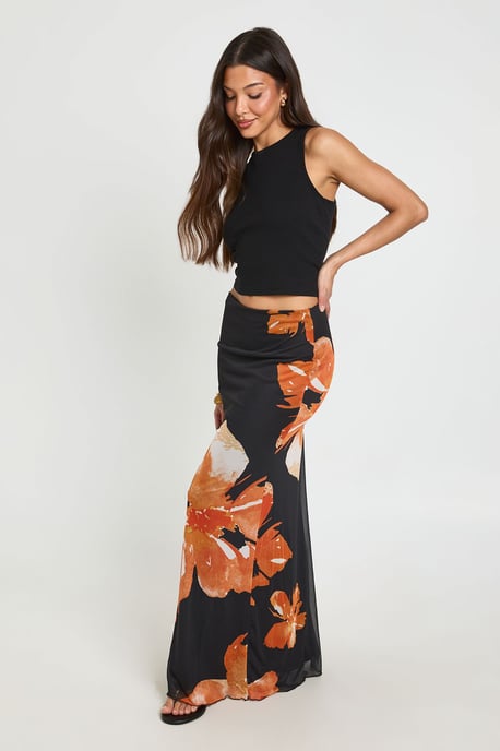 Floral Print Mesh Lined Maxi Skirt - Image 3