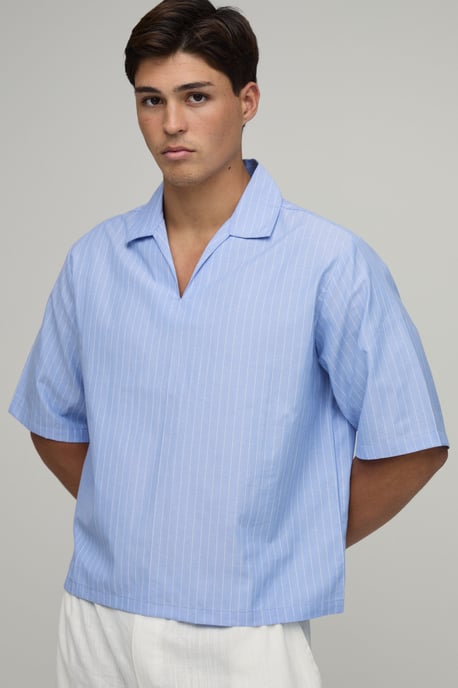 Oversized Boxy Poplin Stripe V-Neck Polo - Image 1