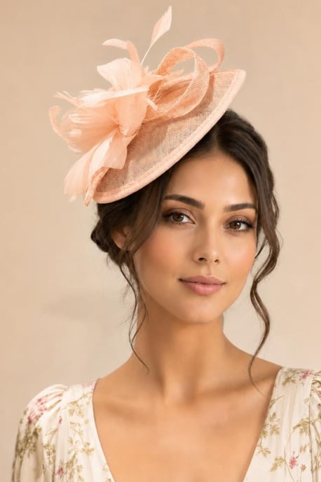 Feather & Bow Disc Fascinator in Pink - Image 1