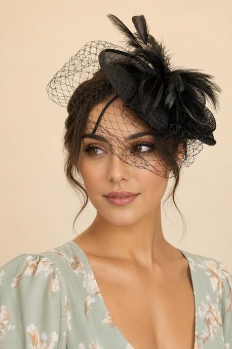 Large Feather & Net Disc Fascinator in Black - Image 1
