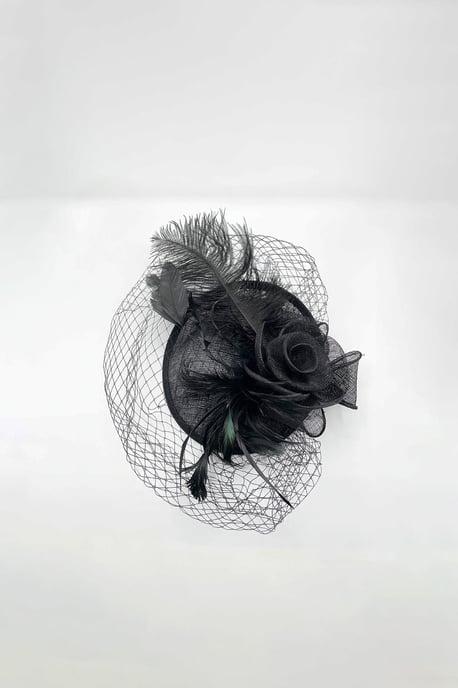 Large Feather & Net Disc Fascinator in Black - Image 2